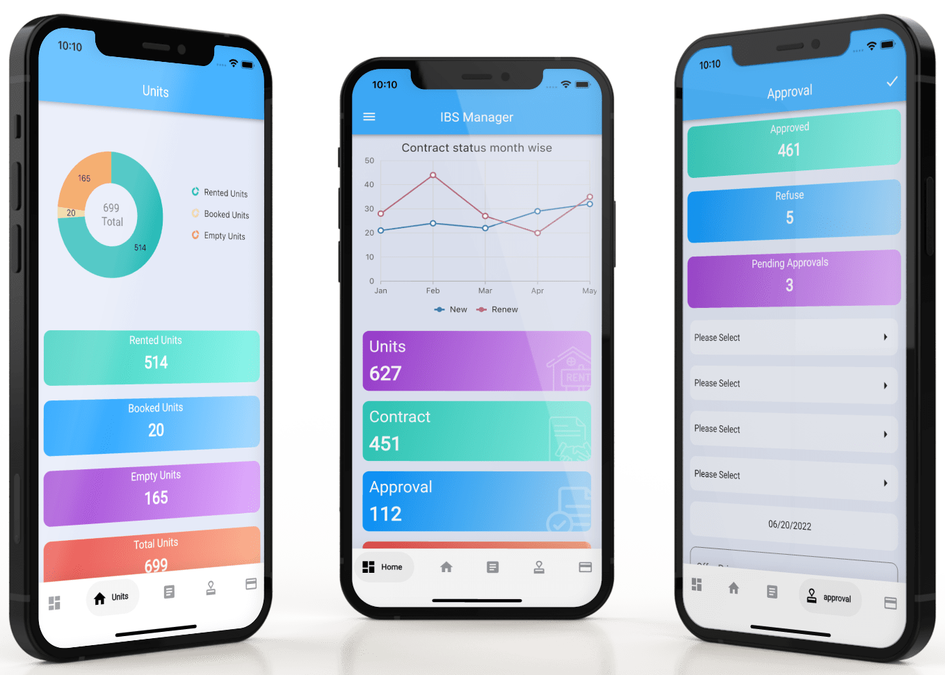 IBS Manager app screens